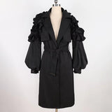 Ouzey Spring Khaki Long Trench Coat for Women with Ruffled Sleeve Belt Elegant Chic Modest Luxury Black Overcoat 2025