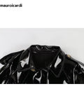 Ouzey Spring Long Shiny Reflective Black Patent Pu Leather Trench Coat for Women Belt Double Breasted Y2K European Clothes