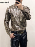 Ouzey Spring Autumn Cool Sexy Fitted Shiny Stretchy Colorful Snake Print Faux Leather Shirt Jacket Men Emo Clothes 2025