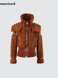 Ouzey Spring Winter Cool Thick Warm Fuzzy Fluffy Brown Faux Fur Coat Women Zip Up Luxury Designer European Clothes 2025