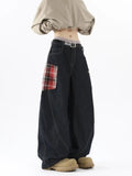 Ouzey 90s Streetwear New American Style Splicing Plaid Washed Cargo Pants Women Retro Wide Leg High Waisted Baggy Jeans Women Hip Hop Denim Pants