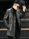 Ouzey Autumn Black Leather Trench Coat Long Sleeve Belt Single Breasted Plus Size Men Fashion Clothes 2025 3xl 4xl 5xl