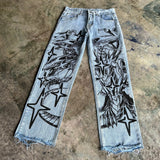 Ouzey Harajuku y2k baggy jeans blue eyes white dragon print wide leg denim pants popular anime jeans streetwear trouser men clothing