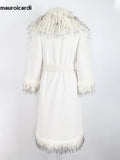 Ouzey Winter Long White Thick Warm Luxury Elegant Fluffy Faux Fur Coat Women with Fake Fox Fur Trim Sashes Furry Overcoat