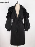 Ouzey Spring Khaki Long Trench Coat for Women with Ruffled Sleeve Belt Elegant Chic Modest Luxury Black Overcoat 2025