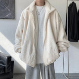 Ouzey Trendy Hong Kong Style Couple Cotton Coat Men Autumn Winter Fleece-Lined And Thickened Lamb Wool Water Ripple Loose Fit Stand Co