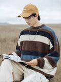 Ouzey Contrast striped round neck sweater for men 2025 autumn and winter new style Japanese retro lazy style sweater sweater Y2k top