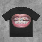 Ouzey Streetwear T Shirt Y2K Tops Hip Hop Gothic Teeth Graphic Print Oversized TShirt Mens Womens Round Neck Cotton Short Sleeve Tops