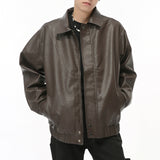 Ouzey Niche Design Men's Jackets Loose Pu Leather Short Coats Turn-down Collar Solid Color Casual Male Tops Personality