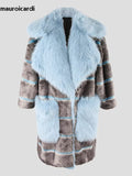 Ouzey Nerazzurri Autumn Winter Long Thick Warm Blue Striped Patchwork Faux Fur Coat Women Loose Casual Luxury Chic Korean Fashion 2025