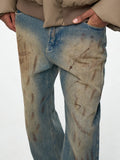 Ouzey Retro Washed Mud Dyed Wasteland Style Jeans for Men Y2k Hombre Distressed Dirty Jeans Unisex