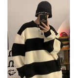 Ouzey Korean style patchwork striped sweater for men in autumn and winter lazy loose knitted sweater round neck retro trendy sweater