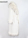 Ouzey Winter Long White Thick Warm Luxury Elegant Fluffy Faux Fur Coat Women with Fake Fox Fur Trim Sashes Furry Overcoat