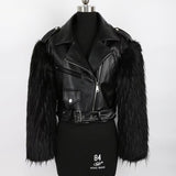 Ouzey Winter Short Thickened Warm Soft Fluffy Black Patchwork Pu Leather Biker Jacket with Faux Fur Inside and Sleeves