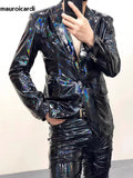 Ouzey Spring Autumn Cool Fitted Black Soft Shiny Reflective Patent Faux Leather Jacket Blazer Men Runway Fashion 2025