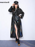 Ouzey Spring Soft Thin Flowy Shiny Reflective Holographic Black PVC Faux Leather Trench Coat for Women Maxi Y2K Streetwear