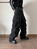 Ouzey Spring Autumn Cool Black Wide Leg Cargo Pants Multi Pockets Long Techwear Clothes Handsome Trousers Streetwear 2025