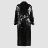 Ouzey Autumn Luxury Long Hard Pink Shiny Reflective Patent Pu Leather Trench Coat for Women Double Breasted Y2K Clothes