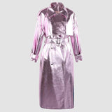 Ouzey Autumn Luxury Long Hard Pink Shiny Reflective Patent Pu Leather Trench Coat for Women Double Breasted Y2K Clothes