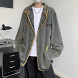 Ouzey American Vintage Denim Coat Men Women Distressed Broken Hole Tassel Tailored Collar Jeans Wear Spring Autumn Loose Long Jacket