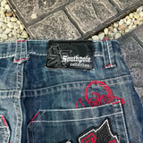 Ouzey Y2K Denim Capris New Gothic Retro Cross Graphic Embroidered Shorts Harajuku Hip Hop High Waist Casual Dark Blue Shorts Men Women