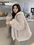 Ouzey Spring Winter Hairy Shaggy Soft Thick Warm Faux Fur Coat Women with Hood Fluffy Jacket Fake 2 Piece Clothes 2025