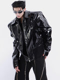 Ouzey Spring Autumn Loose Black Shiny Reflective Patent Leather Jacket Men Long Sleeve Zipper Oversized Designer Clothes