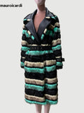 Ouzey Winter Long Striped Colorful Thick Warm Fluffy Pu Leather Patchwork Faux Fur Coat Women Luxury Designer Clothes