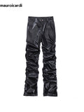 Ouzey Autumn Long Ruched Black Pu Leather Stacked Pants Men Dark Academia Vintage Clothes Steampunk Trousers Streetwear