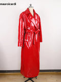 Ouzey Autumn Long Waterproof Shiny Reflective Red Patent Pu Leather Cocoon Coat Women Sashes Loose Runway European Fashion