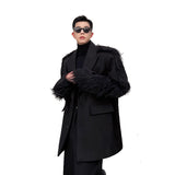 Ouzey Spring Autumn Loose Black Faux Fur Patchwork Blazer Men with Shoulder Pads Long Sleeve Luxury Designer Clothes 2025