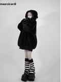 Ouzey Winter Cool Oversized Warm Thick Soft Faux Fur Coat Hoodie Women with Bear Ears Punk Style Fluffy Jacket Streetwear