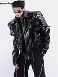 Ouzey Spring Autumn Loose Black Shiny Reflective Patent Leather Jacket Men Long Sleeve Zipper Oversized Designer Clothes