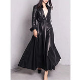 Ouzey Spring Black Maxi Skirted Faux Leather Trench Coat for Women Extra Long Elegant Luxury Designer Clothes Overcoat