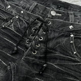 Ouzey Y2K distressed washed denim jeans streetwear cat whisker pattern double waist design flared pants Gothic men women vintage jeans