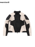 Ouzey Spring Autumn Cool Color Block Patchwork Pu Leather Jacket Men Zip Up Luxury Designer Clothes Runway Fashion 2025