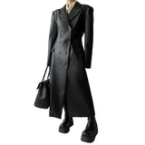 Ouzey Autumn Long Black Fitted Soft Pu Leather Trench Coat for Women Shoulder Pads Double Breasted Luxury European Clothes