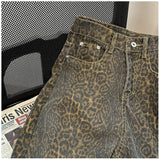 Ouzey dandys world Retro Spring Trendy Leopard Print Jeans Women's American High Street Trousers Y2K Harajuku Style Baggy High Waist Casual Pants