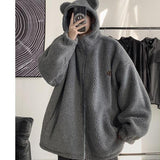 Ouzey Loose and trendy men's cardigan hooded sweatshirt 2025 Korean style plus velvet large size loose sherpa jacket men clothing top