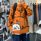 Ouzey 2024 Autumn/Winter New Loose-Fit Casual Trendy Cat Sweater For Men Round Neck Woolen Jacket Korean Style Couple Trendy Pullovers