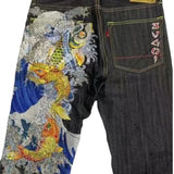 Ouzey Japanese retro personalized printed high-waisted jeans for couples with large pockets for street wear Y2K denim trousers