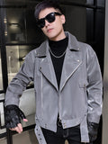 Ouzey Spring Autumn Cool Black Shiny Reflective Patent Pu Leather Biker Jacket Men Belt Zipper Plus Size European Fashion