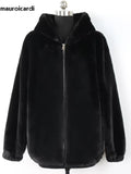 Ouzey Spring Winter Black Warm Thick Soft Fluffy jacket Women with Hood Long Sleeve Faux Rex Rabbit Fur Coat Women Zipper