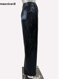 Ouzey Spring Long Black Faux Leather Pants Men High Waist Luxury Designer Pleated Pu Leather Straight Trousers Clothes