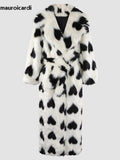 Ouzey Autumn Winter Thick Warm Colorful Fluffy Heart Printed Maxi Faux Fur Coat Women Sashes Luxury Designer Clothes 2025