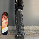 Ouzey 90s Streetwear Y2k Jeans Embroidered Pattern Men Women Loose Wide Leg Pants Retro Harajuku Trend Punk Hip hop Street Casual Straight Pants