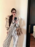 Ouzey 90s Streetwear New Retro Suit Leopard Print Fur Collar Hoodie Women Clothes Casual Simple Y2K Street Wide Leg Pants Zipper Jacket Two Piece Set