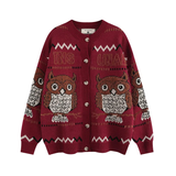 Ouzey 2024 Autumn Niche Design Sensibility Cat Owl Red Knitted Top Jacket For Men And Women's Zodiac Year White Sweater With Crew Neck