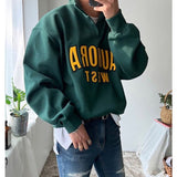 Ouzey Dark green men's sweatshirt spring and autumn trendy brand lapel letter pullover top retro loose versatile long-sleeved jacket