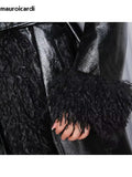 Ouzey Winter Oversized Long Black Quilted Thickened Warm Pu Leather Coat Women with Faux Fur Trim Luxury Designer Clothes